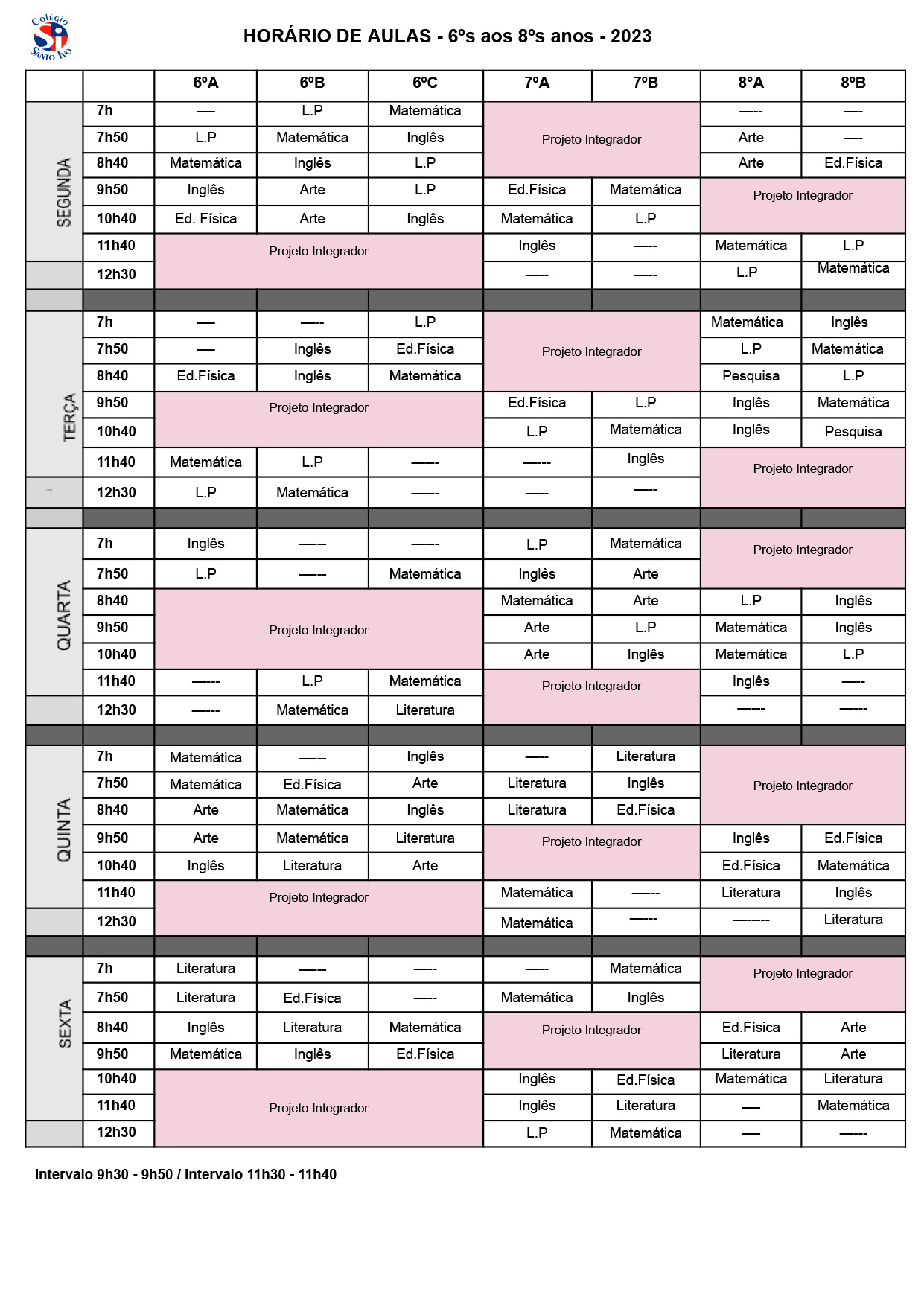 HORÁRIO DE AULAS FUNDAMENTAL II 2023 Site 1